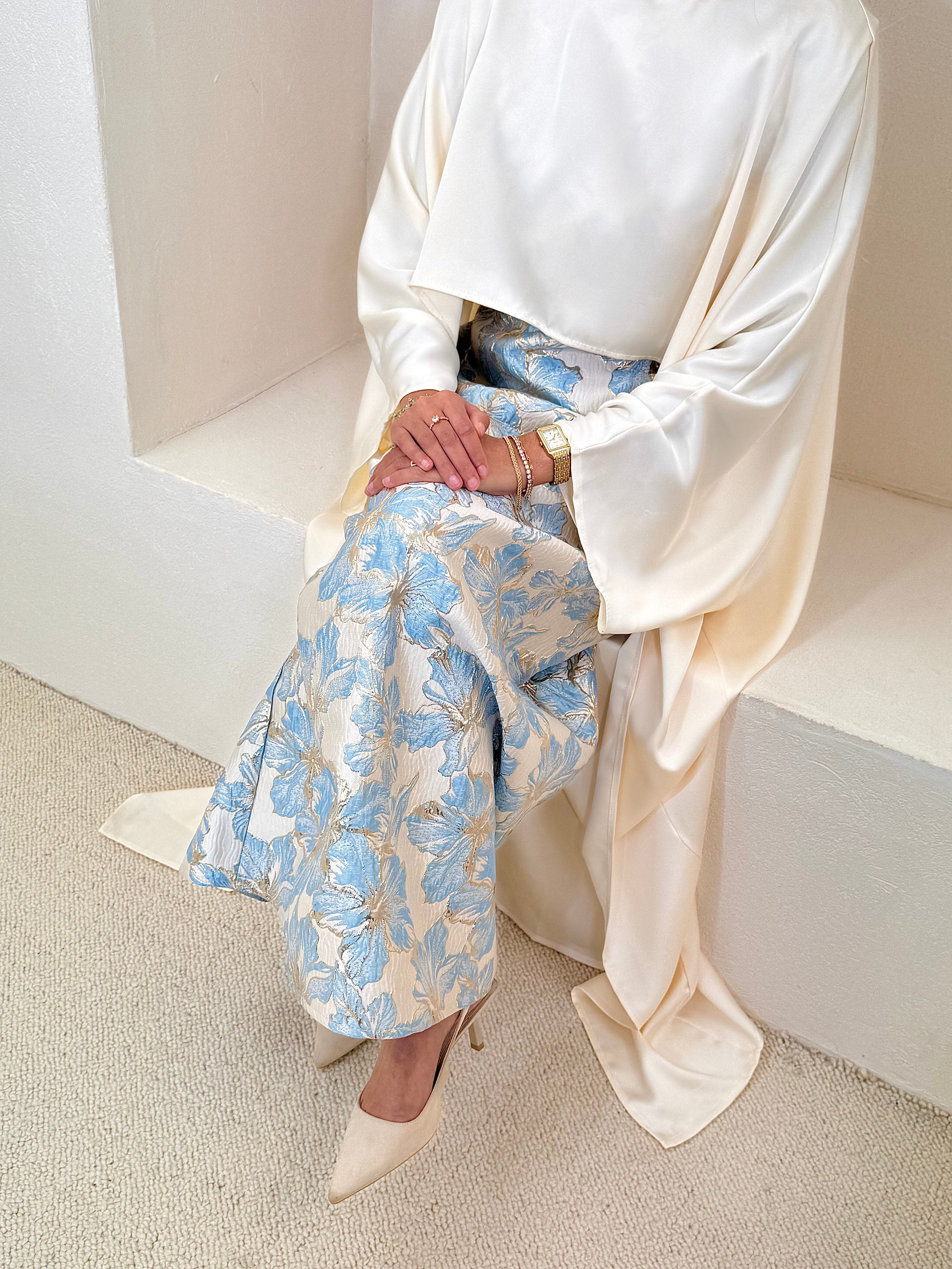 Set JEEM brocart crème bleuté