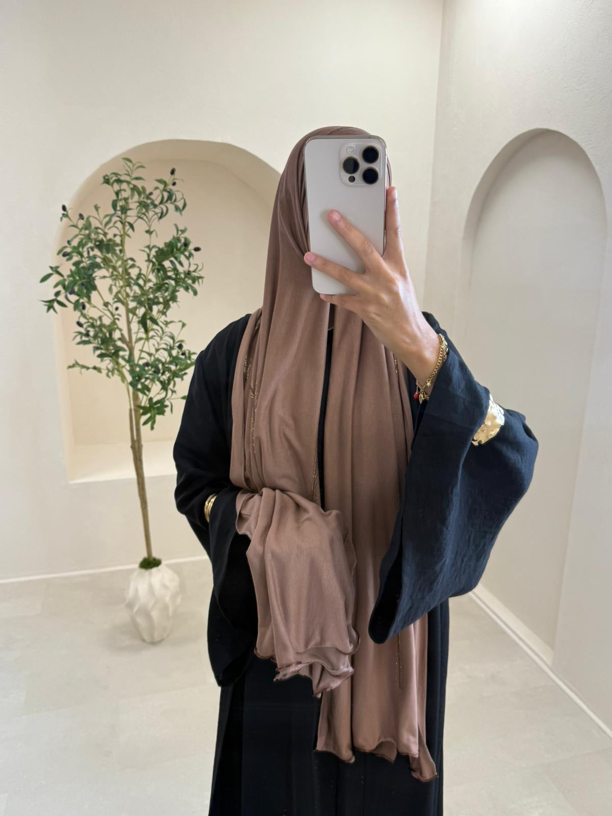Hijab coton à strass et détails camel